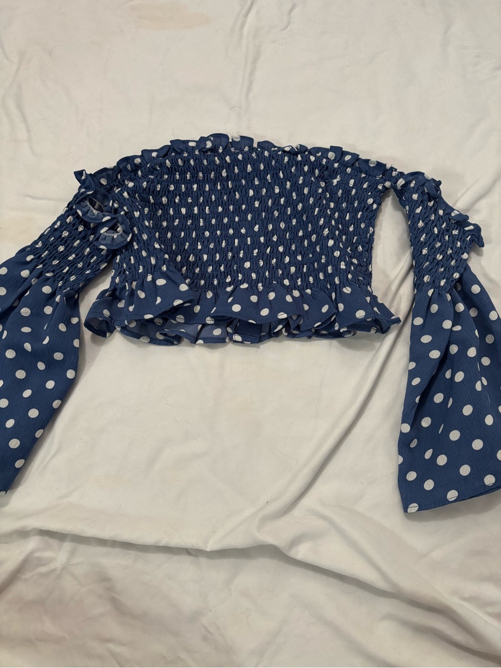 Skylar + Madison Navy Blue Polka Dot Off-Shoulder Smocked Crop Top - Picture 7 of 7